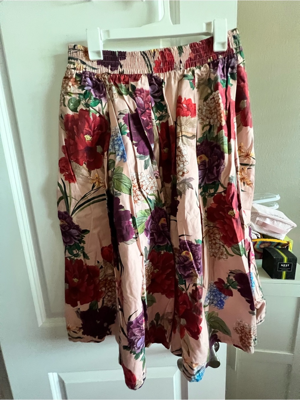 Zara Pink Floral Midi Skirt with Red & Purple Blooms